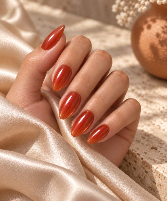 Glossy burnt orange almond nails on ivory satin