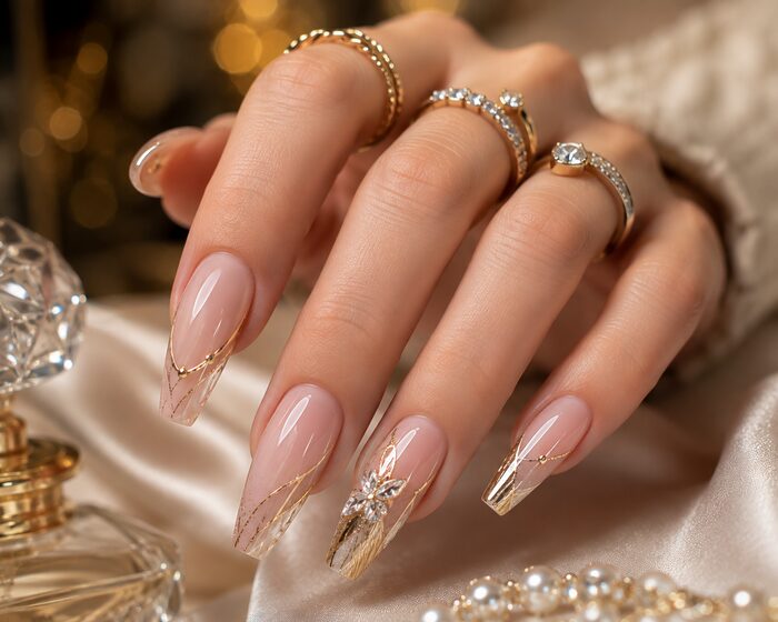 Sheer blush almond nails with gold foil lines and a crystal flower accent