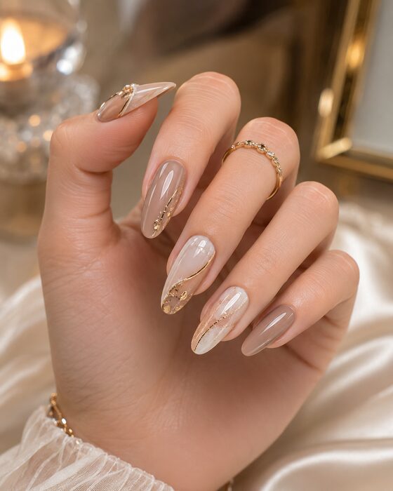 Nude and taupe almond nails with gold swirls and a marble accent