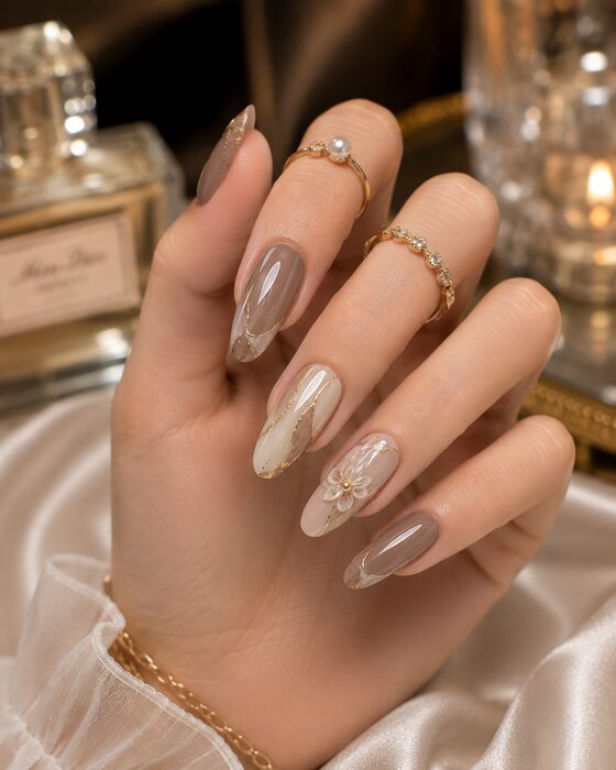 Taupe, nude and gold-flecked almond nails with a crystal flower