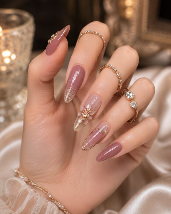 Mauve almond nails with gold foil and a crystal flower accent