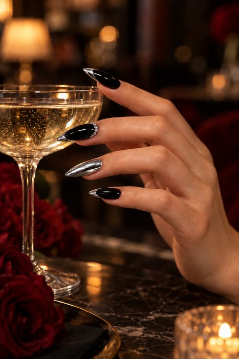 Black almond nails with chrome tips holding a champagne glass