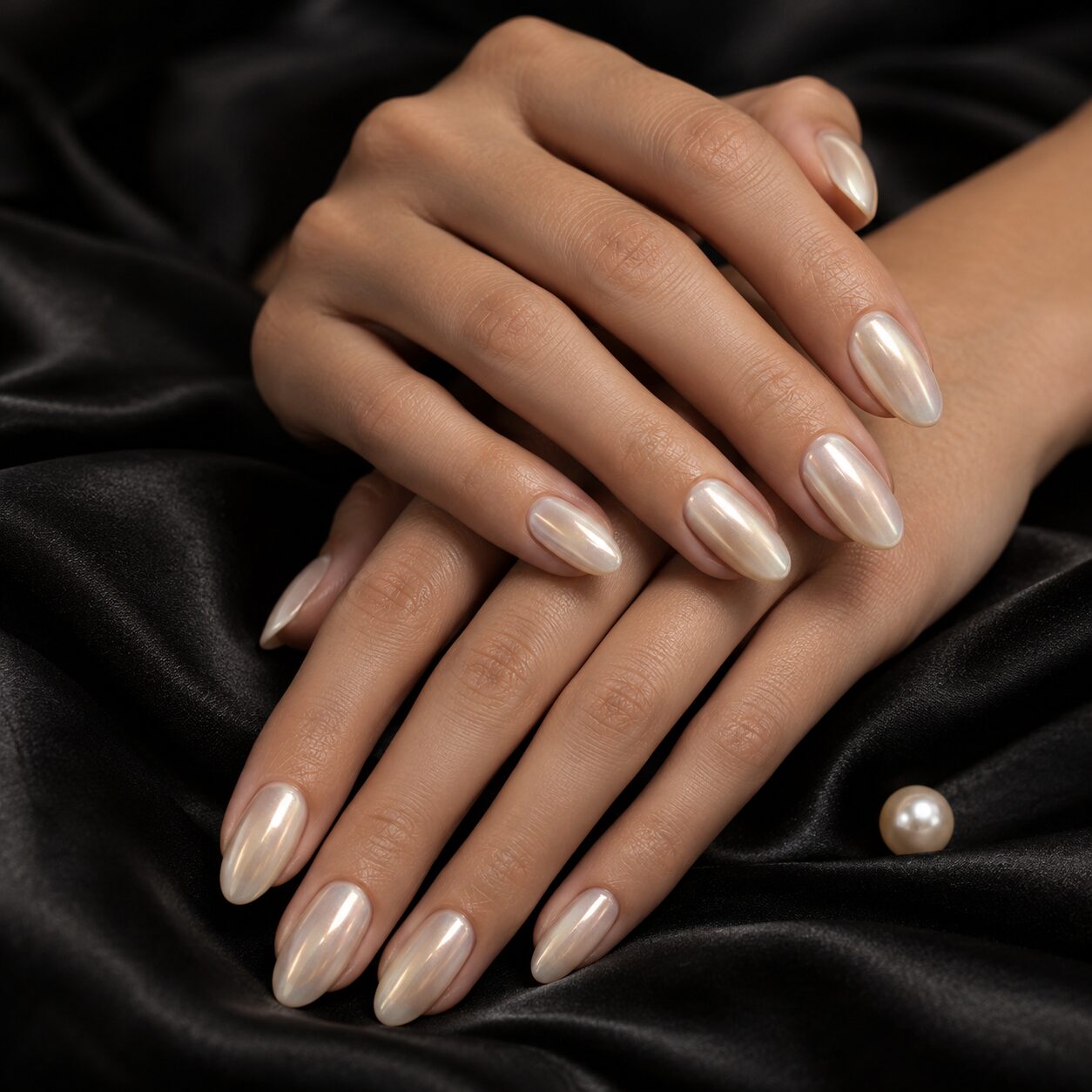 Pearl chrome almond nails on black satin